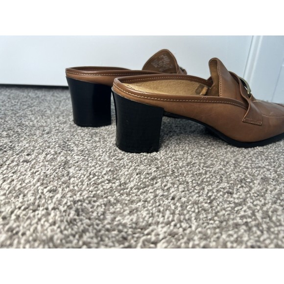 Thom Mcan Leather Heel Slip On Loafer mule Women’s 9 Gold Detail Block Heel - Picture 12 of 13